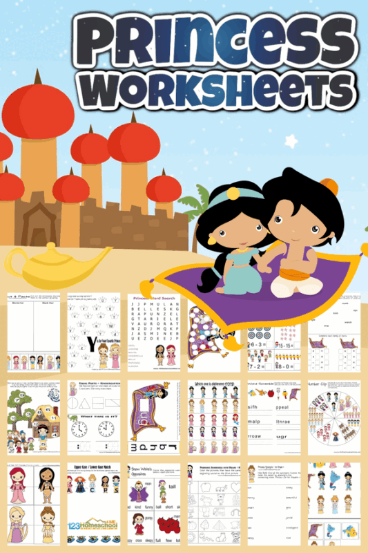 Help kids get excited to practice a variety of math and litearcy skills with these Princess Worksheets! These (inspired by) disney princess worksheets are perfect for toddler, preschool, pre-k, kindergarten, first grade and 2nd graders too.  Simply download pdf file with free printable princess worksheets and you are ready to make learning FUN with princess printables.