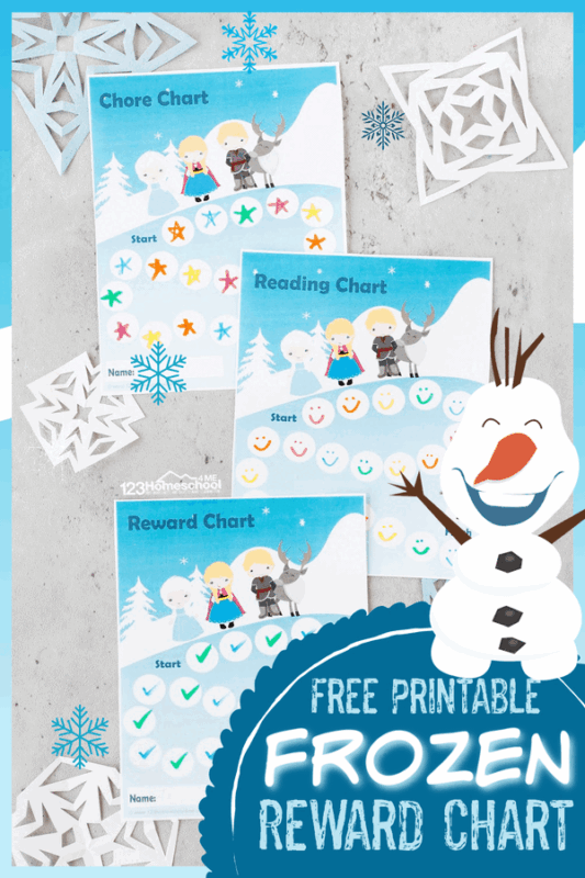 Help encourage your kids to read, use the toilet, do their chores, bedtime reward chart or any other task that needs completing with these super cute frozen reward chart. These reward chart for kids are free and super handy for so many things toddler, preschool, pre-k, kindergarten, first grade, 2nd grade, and 3rd graders are working on. The winter themed Anna, Elsa, Christoff, Sven, and Olaf charts are FREE and such a fun  frozen printables. Simply download pdf file with  Bedtime reward chart, the behavior reward chart, a reading reward chart, and chore reward chart and you are ready to make some positive changes!