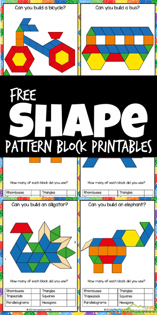 Here is a great hands-on learning activity for kids to do at home, for busy bags, or in the car during a family road trip. These pattern block printables contain twenty different shape puzzle cards which kids will love. These shapes pattern worksheets are a fun math shape activity for kids from preschool, pre-k, kindergarten, first grade, and 2nd graders too. Simply download pdf file with shape patterns printables and grab your shape blocks to make cool pictures out of shape picture templates.
