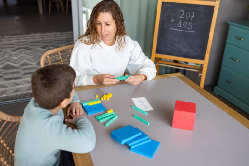 1st grade math with base 10, 100 unifix cube blocks