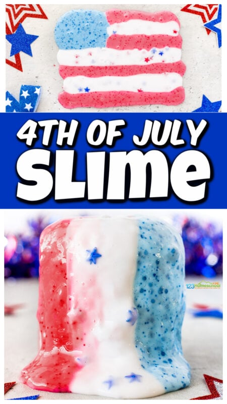 Kids will go nuts over this super cute red white and blue slime recipe for Independence Day! This fourth of July slime allows kids to stretch, sheen, drizzle, and wow over this fun-to-play-with slime as patriotic activities. This 4th of July slime is perfect for toddler, preschool, pre-k, kindergarten, first grade, and 2nd graders too. Whether you have a whole 4th of July theme, party, or are just looking for clever 4th of July activities, you will LOVE this patriotic slime.