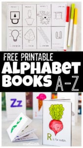 Kids will have fun making their very own alphabet book printable with our free printable alphabet mini books pdf! Just color, fold and read this super cute and handy alphabet printable. There are 26 books - an alphabet books pdf for each letter of the alphabet. This alphabet books for each letter resource is super handy to introduce each letters with an abc printable for toddler, preschool, pre-k,  and kindergarten age student. Simply print printable alphabet book pdf and you are ready to play and learn!