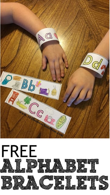 If your children are working on learning their alphabet letters, they are going to love these super cute, free printable, Printable Alphabet Bracelets. This alphabet printable is a handy resource for toddler, preschool, pre k, and kindergarten students learning their ABCs. Simply print template, color the pictures with the featured beginning letter, and listen for the same beginning sound. This ABC printable is a great resource for a letter of the week program!  
