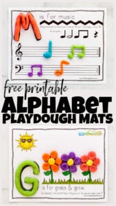 Kids love to play with playdough! Combine playdough and learning letters with these super cute alphabet playdough mats. While using these playdough letter mats children will be encouraged to create play dough letters and finish the pictures while learning their ABCs and the sounds they make. This free alphabet printable is such a FUN alphabet activity to use with play doh and markers or crayons! Use these alphabet playdoh mats with your toddler, preschool, pre-k, and kindergarten age child. Simply print the letter mats pdf file and you are ready to play and learn with this alphabet activity.