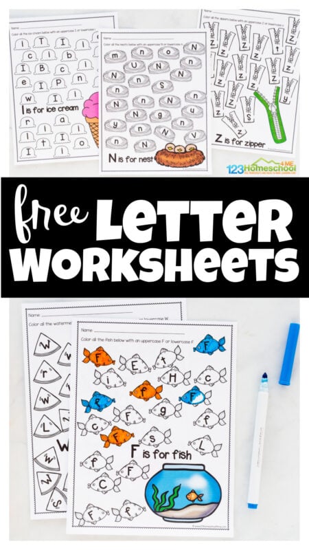 Kids will have fun practicing identifying uppercase and lowercase letters with these ADORABLE, free printable letter identification worksheets. Each alphabet worksheets a-z has a different to go along with yoru letter of the week curriculum or any other method you are using to teach alphabet letters. Use these letter recognition worksheets with toddler, preschool, pre-k, and kindergarten age students. Simply print NO PREP find the letter worksheets and grab a crayon and you are ready to play and learn with an alphabet activity.