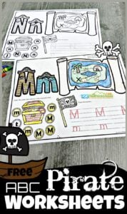 Have fun learning you’re ABCs with this super fun, free printable pirate worksheets. This pirate alphabet learning activity is a great for your toddler, preschool, pre-k, and kindergarten age  students to learn their alphabet letters. On each of the pirate theme abc worksheets is a treasure map to find and color the clipart with the beginning sound featured on the alphabet workheet, alphabet tracing by the pirtae skull and crossbone flag, and find the letter by the treasure chest. This alphabet activity is such a fun, no prep way to learn letters from A to Z. Simply grab the pdf file for this preschool pirate theme printables that requires no prep work whatsoever. 