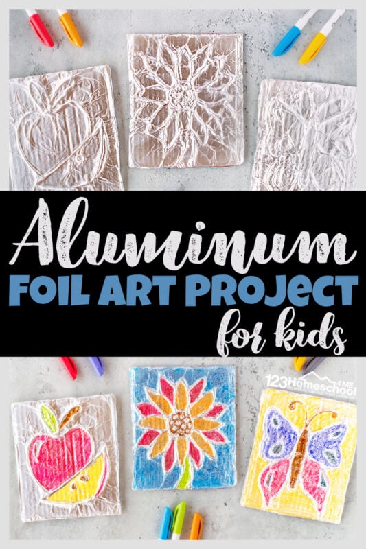 Get ready to say WOW! You and your kids are going to love making this clever and beautiful tin foil art! This Amazing aluminum foil art uses a simple technique to make a truly stunning work of art from simple flowers to butterflies, crosses to houses, animals to any picture or design you can dream up. Try making foil art for kids from toddler, preschool, pre-k, kindergarten, and elementary age kids in first grade, 2nd grade, 3rd grade, and 4th graders too. All you need are a few simple materials to make a stunning work of art with this tin foil crafts. 