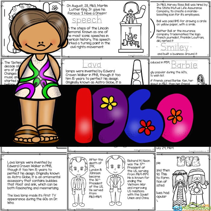 Learn all about the Sixties with this American History for Kids reader to color and learn! Learn about life in the 1960s with 1960s for kids printable book.