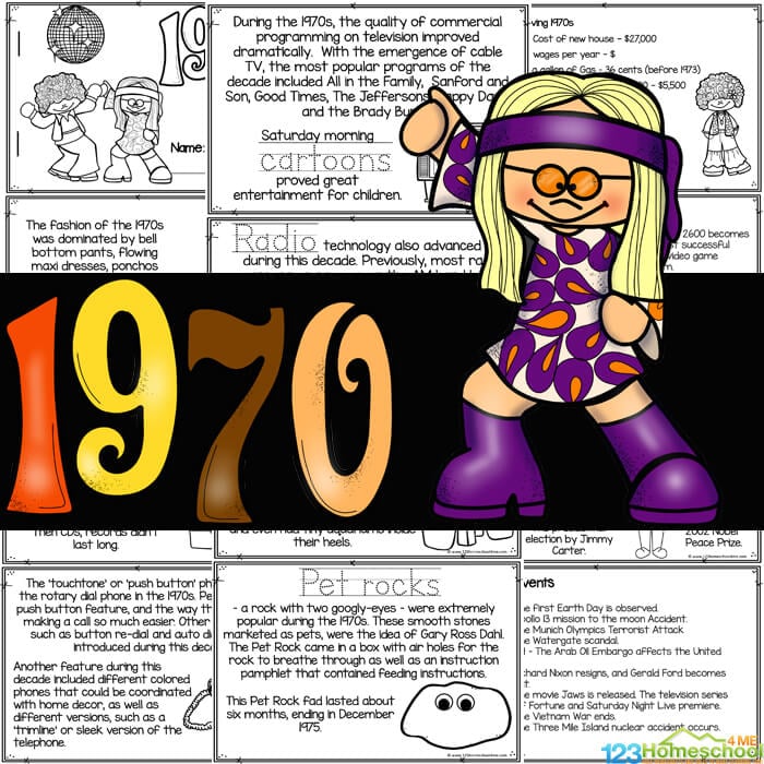 Learn about the 1970s for kids with this American History for Kids reader to color and learn: platform shoes, pet rocks, Star Wars, TV, & more