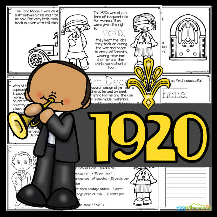 Learn all about the Roaring Twenties with this fun 1920s for Kids Reader. This 20s printables are a great way to work on reading skills while learning about american history for kids. Use this free printable as part of a famous person,  History or 1920s study for preschool, pre k, kindergarten, first grade, 2nd grade, 3rd grade, 4th grade, and 5th grade students. Simply download pdf file with the roaring twenties worksheet to learn about life in the 1920s. 