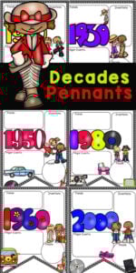 These Decade Pennants are perfect for helping your children in preschool, pre-k, kindergarten, and elementary school in first grade, 2nd grade, 3rd grade, 4th grade, 5th grade, and 6th grade learn students learning about American history for kids. Kids will learn about US history for kids througout the decades by  learning about popular events, clothing, inventions and more that took place throughout this time. Simply print pdf file with american history timeline printable and you are ready to write, color, and learn!