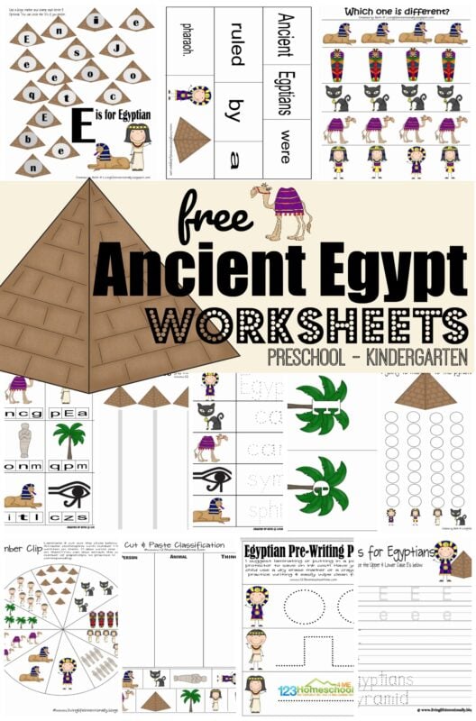 FREE Ancient Egypt Worksheets for kids - super cute, free printable Egypt printables for presschool and kindergarten age kids #preschool #kindergarten #worksheetsforkids