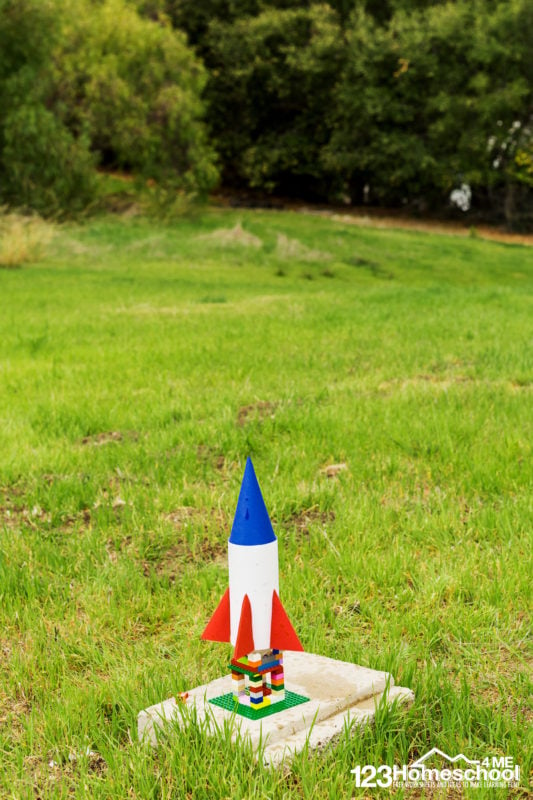 You need to move quickly for this next part. Flip the bottle over, and QUICKLY place it in the launchpad!  Hurry back as the countdown begins as soon as the baking soda and vinegar touch.