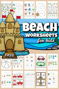 Use these super cute beach worksheets to sneak in some fun summer learning in between all your summer activities to keep up skills and avoid the summer leaning loss. These free beach printables include letter find, beach i spy, beach math, counting, addition, skip counting puzzles, and so much more. This HUGE pack of over 70 pages of beach worksheets for preschool, pre k, kindergarteners, and first graders is so handy! Simply download pdf file with summer worksheets for preschoolers and you are ready to play and learn with a beach activity for kids!