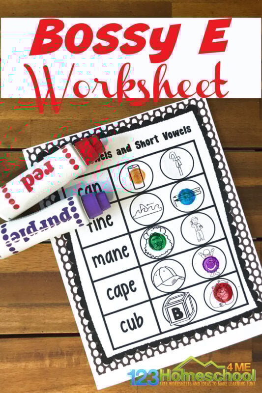 Is your child working on distinguishing between short vowel and long vowel words? The skills or deciphering long and short vowels is an important phonics skill that will help your kindergarten, first grade, and 2nd grade student learn to read. Download the pdf file with these super cute, free printable bossy e worksheets to help students practice identifying silent e and magic e in words (long vowels ).