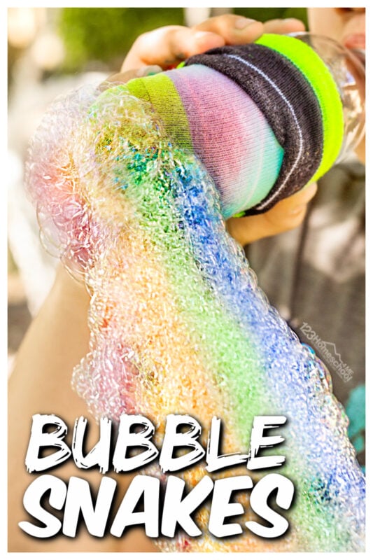 Looking for a fun summer activity for kids? You are going to love blowing colorful snake bubble. This sock bubbles activity is super simple and such an easy summer activity idea for toddlder, preschool, pre-k, kindergarten, first grade, 2nd grade, and 3rd graders too. It takes blowing bakcyard bubles to a new level making long, colorful snakes with a simple technique using a sock and a plastic bottle. You've got to try this bubble snake experiment.