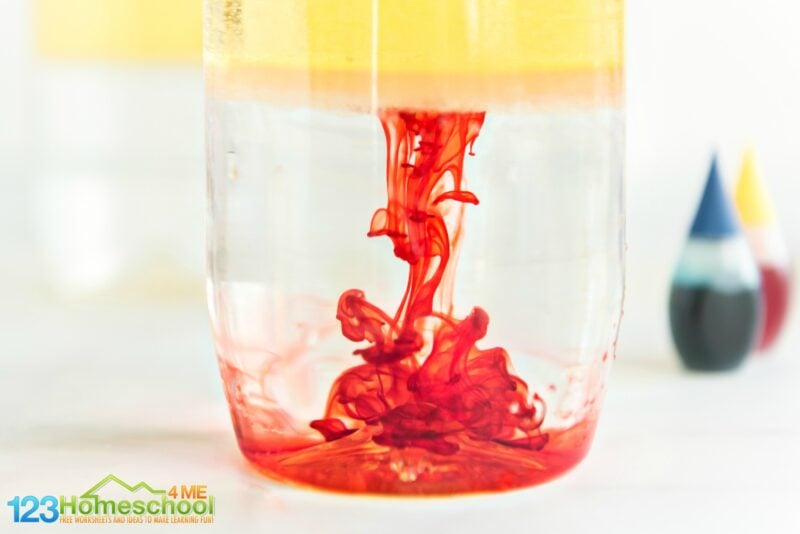 Watch how the red food coloring goes straight through the oil with out mixing. Use this step to work on color mixing with kids