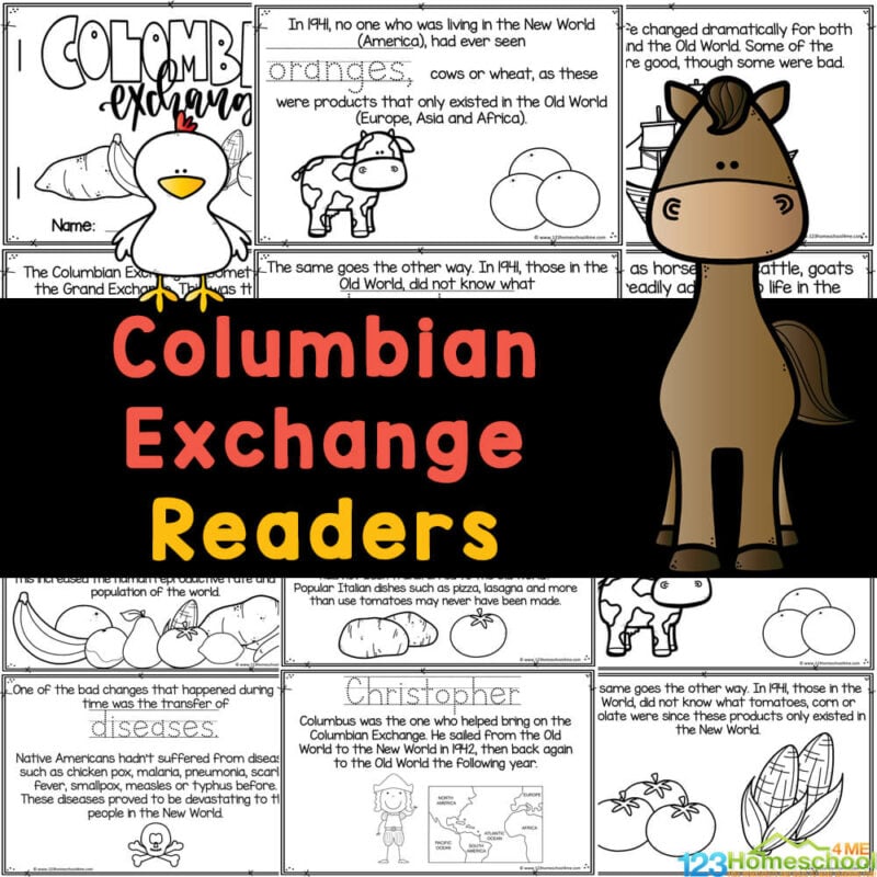 Read, color, and learn about the Columbian Exchange for kids with these free printable worksheets about the global transfer of foods in 1941.