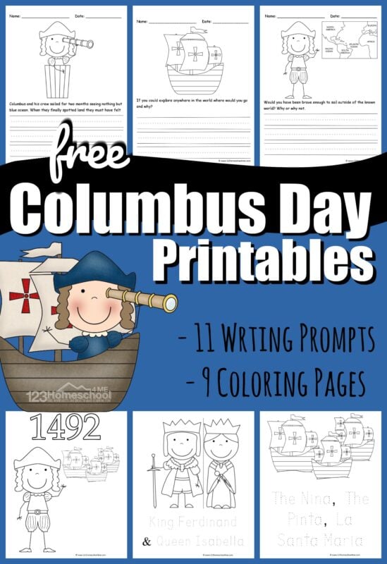 Celebrate Columbus Day on Monday, October 12th with these super cute, free  Columbus Day Printables. We've included both simple Columbus day coloring pages for toddler, preschool, pre k, and kindergarten age children AND Columbus day writing prompt pages for first grade, 2nd grade, 3rd grade, 4th grade, 5th grade and 6th grade students to practice creative writing exploring themes from this famous explorer who discovered the Americas.