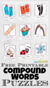 Help children visualize, understand, and learn compound words for kids with these super cute, free printable compound word puzzles. These compound word picture puzzles are such a fun, hands-on learning activity for pre-k, kindergarten, first graders, and 2nd grade students.  Simply print the compound word games printable pdf to teach with a clever educational activity.