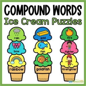 Practice compound words for kids while building ice-cream cone puzzles with free printable summer activity for first grade & kindergarten.