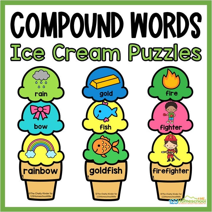 Practice compound words for kids while building ice-cream cone puzzles with free printable summer activity for first grade & kindergarten.