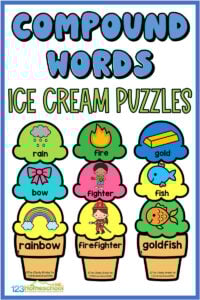 Looking for a fun way to practice compound words for kids? This ice-cream compound word puzzles is a free printable building activity. Use this compound words activity as a fun and hands-on method of practicing and learning with compound word picture puzzles while building a lovely ice-cream. This compound words game is a great summer learning activity for your pre-k, kindergarten, or first graders. Simply print this free Compound Word exercises and let your learner practice learning their compound words with some hands-on practice!