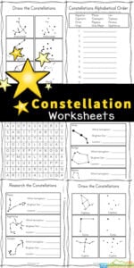 These free, no-prep Constellation Worksheets are a great way for children to learn about 28 different constellations that can be found in the night sky in either the Northern or the Southern Hemisphere. Included in this pack of Constellation activity sheets are several fun ways for kids to explore the solar system for kids and the patterns stars make in the sky. Simply print pdf file with Constellation Printables and you are ready to play and learn about constellations for kids with a fun constellations activity with first grade, 2nd grade, 3rd grade, 4th grade, 5th grade, and 6th grade students.