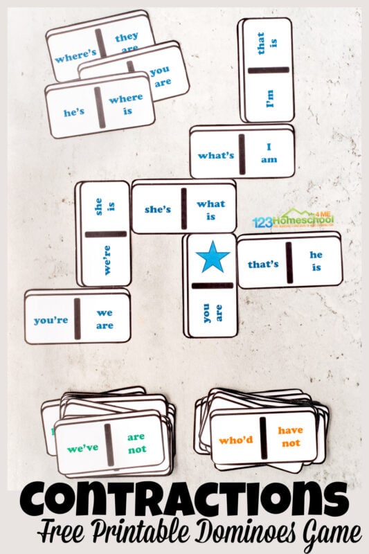 Make learning contractions FUN using contraction games! Grab this free printable Contraction Dominoes for a hands-on contractino matching activity!