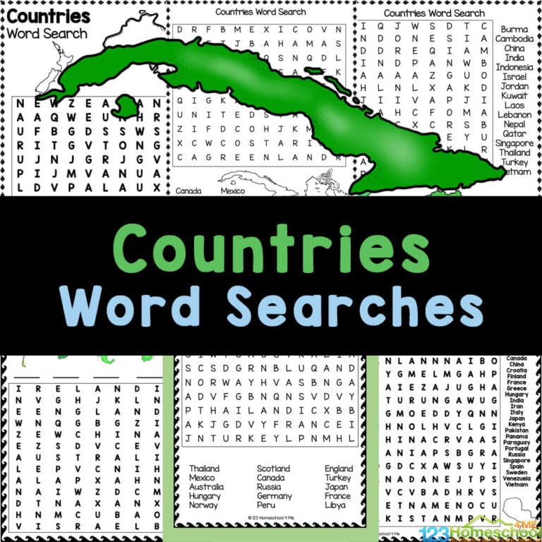 Grab these country word searches to learn about countries around the world! Free worksheets are perfect for Geography or activity sheets!