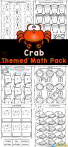 These super cute crab themed summer math worksheets are a great way for children to learn, practice and review essential math skills! These free math worksheets allow preschool pre-k, and kindergarten age students to learn to recognise and write numbers, shapes and fractions. Simply print preschool math worksheets and you are ready for yoru summer theme or ocean theme.