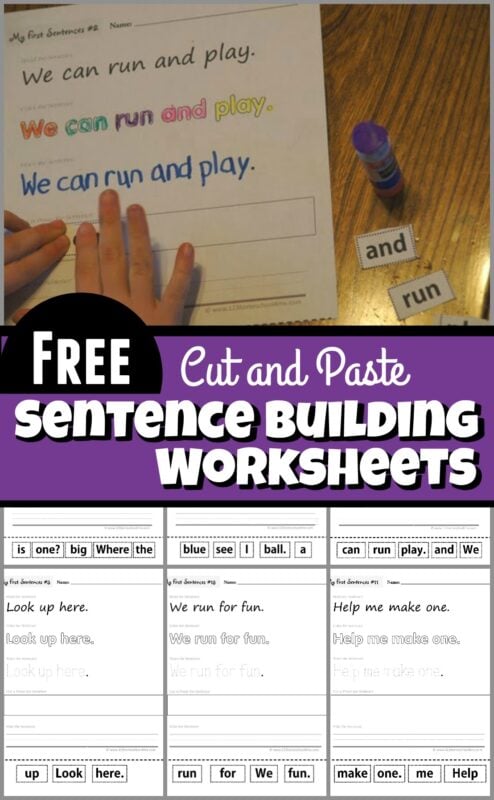 Cut and Paste Sentence Building Worksheets - Kids will have fun practicing building sentences, reading, tracing, writing, and cut and paste simple sentences with Pre Primer Sight Words. These free printable worksheets are perfect for Preschool and Kindergarten students