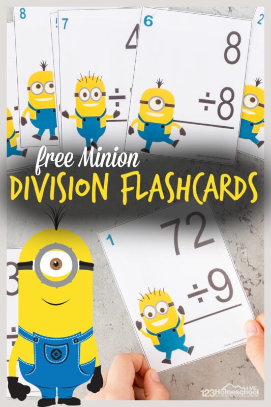 We will do just about anything to make math fun at our house. Kids need lots of practice with math facts to improve fluency they will need for all future math! These division flashcards have a super cute despicable me, minion theme to help make division practice FUN! Use division flash cards printable with 3rd grade, 4th grade, 5th grade, and 6th grade students.  Simply download pdf file with printable math flash cards and you are ready to use these in a variety of division activities.