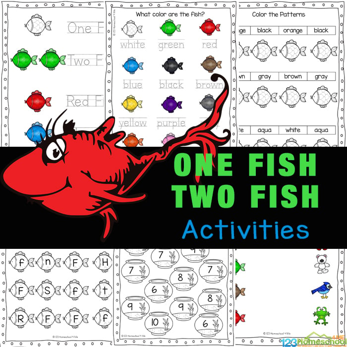 Have fun with these One Fish, Two Fish Activities which incorporate learning colors, and strengthening math and literacy skills for young children. These one fish two fish red fish blue fish activities are great for toddler, preschool, pre-k, and kindergarten age children to celebrate beloved children's book author Dr Seuss. Simply download pdf file with one fish two fish printables and you are ready to play and learn!