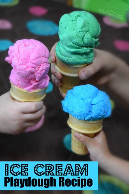 ? Amazing ice cream play doh is an EASY edible playdough and scoops like real ice cream too! This ice cream play dough is a perfect summer activity for kids!