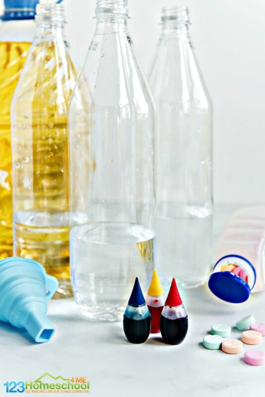 for this easy science experiment you need oil, clear bottle, food coloring, and alka seltzer tablets
