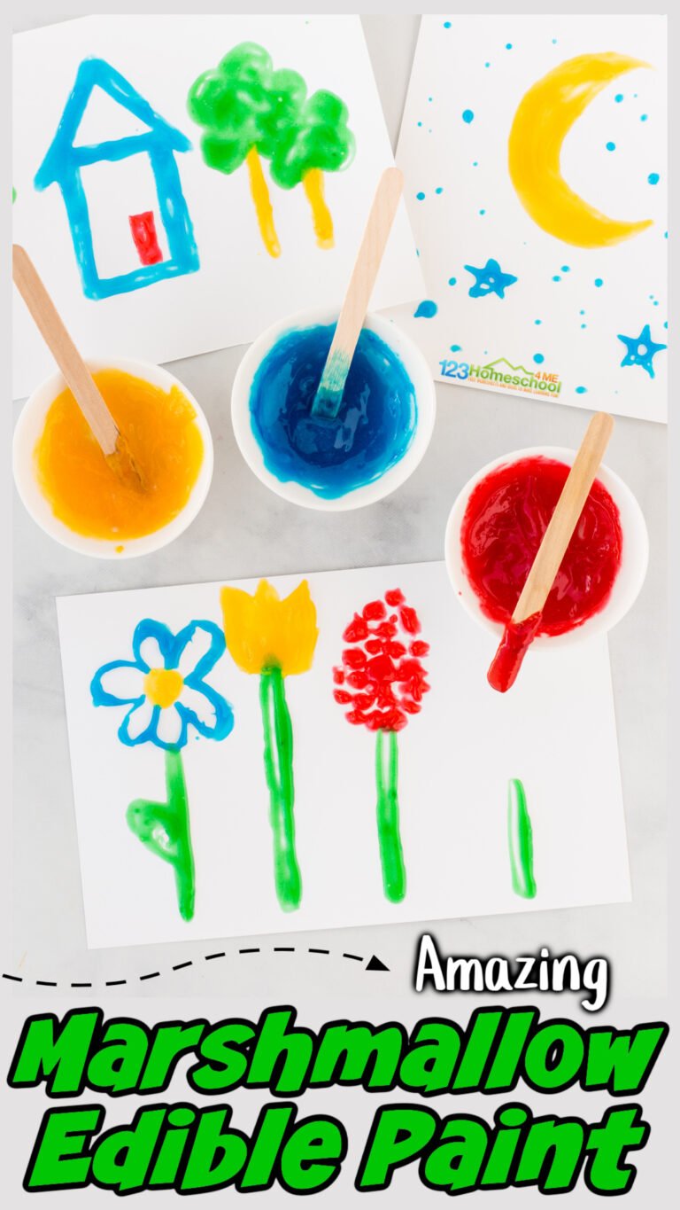 Here is a really fun, unique edible paint recipe that will become a favorite at your house. Not only is this marshmallow paint completely edible, but it has a great texture and sheen for your kids projects too. Whether you choose to use it as edible cookie paint or to paint a picture, this edible paint for kids is quick, easy, and FUN! Try this painting with marshmallows activity with toddler, preschool, pre-k, kindergarten, first graders, and up!