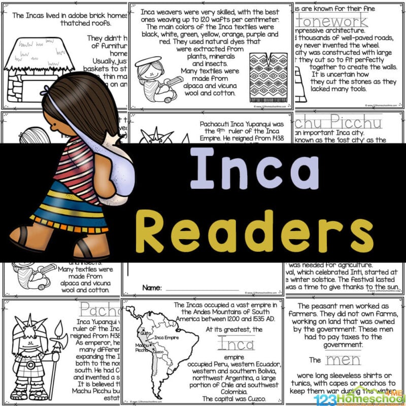 Handy Ancient Incans printable reader to color & learn about Inca civilization who occupied the Andes Mountains 1200 and 1535 A.D.