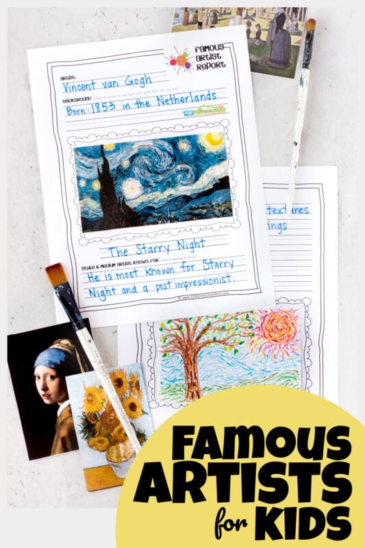 Are you teaching your children about famous artists for kids? Helping kids learn to appreciate art and different techniques is such a great activity. Whether you are studying monet, van gogh, picasso, mondrian, or one of the other many popular artists - these artist report pages are a great way for kids to remember what they learn. Use these famous artists worksheets with kindergarten, first graders, 2nd graders, 3rd graders, 4th grader, 5th graders, 6th graders, 7th graders, and 8th graders. Simply download pdf file with artist report template and you are ready to create and learn!