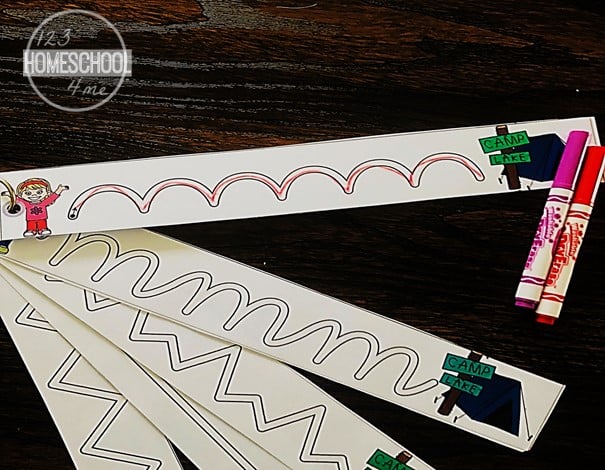 Camping Tracing Worksheet Strips for Fine Motor Skills