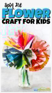 We came up this fun twist on spin art paint to make a beautiful flower craft for kids. This spring craft is perfect for toddler, preschool, pre-k, kindergarten, and first grade students. Children will love that this process art project makes a one-of-a-kind design perfect for making pretty flower crafts for prsechoolers. These coffee filter flowers preschool make truly beautiful flower projects for spring!