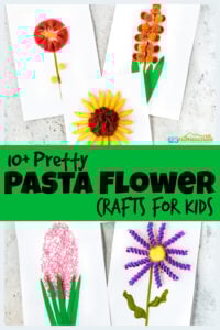 So many super cute flower crafts for kids using various different pasta noodles. These pasta crafts make beautiful and creative flower art for kids. We have so many flower craft ideas for preschool, pre-k, kindergarten, first grade, 2nd grade, 3rd grade and more to make as summer crafts for kids. From bowtie hibiscus to penne sunflowers,  orecchiette pasta gladiolus to rotini asters, stellini hyacinth to castelane tulips - we have so many fun, easy flower crafts.
