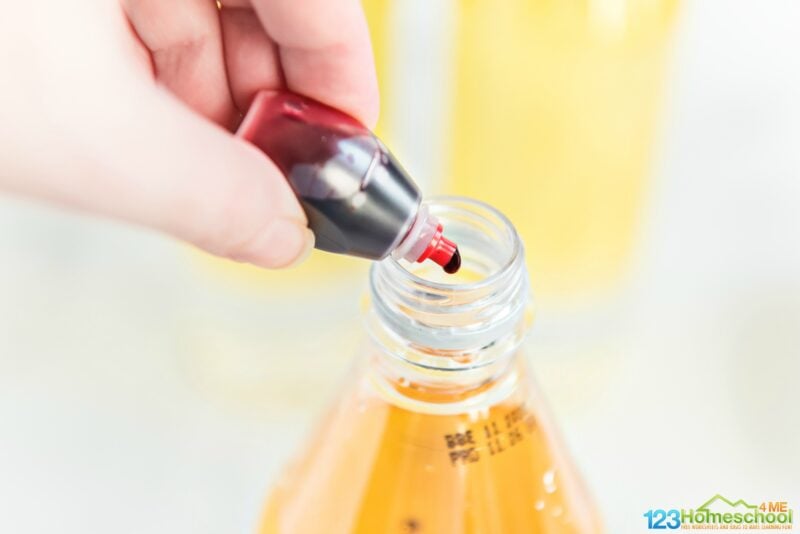 put in 4-5 drops of food coloring into the oil and water bottles