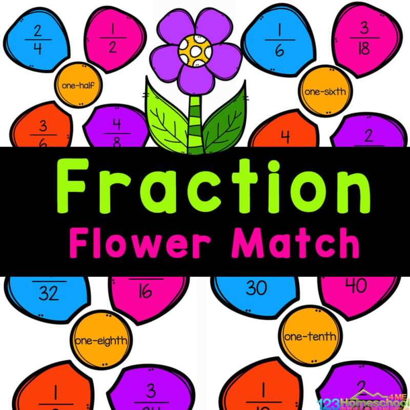Fun, hands-on flower fractions activity for those learning about equivalent fractions in 3rd grade math. FREE printable math game!!