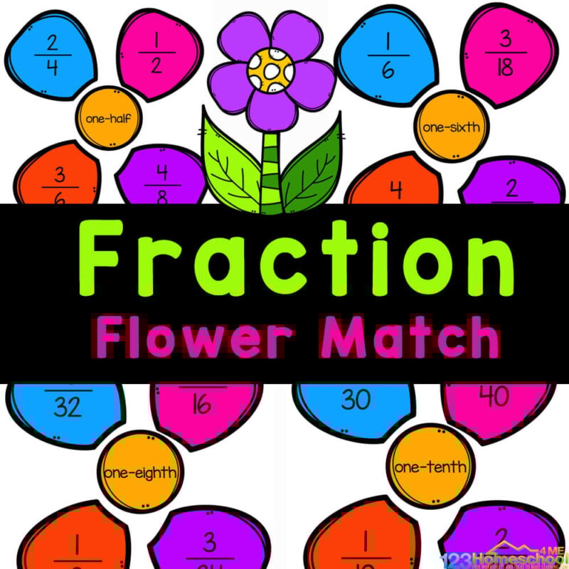 Fun, hands-on flower fractions activity for those learning about equivalent fractions in 3rd grade math. FREE printable math game!!