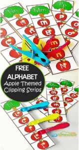 FREE Apple Alphabet Clip Strips - this is such a fun fall themed activity for preschool, prek, kindergarten age kids to practice their letters. LOW PREP letter recognition activity! #kindergarten #alphabet #apples
