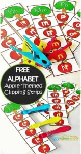 FREE Apple Alphabet Clip Strips - this is such a fun fall themed activity for preschool, prek, kindergarten age kids to practice their letters. LOW PREP letter recognition activity! #kindergarten #alphabet #apples