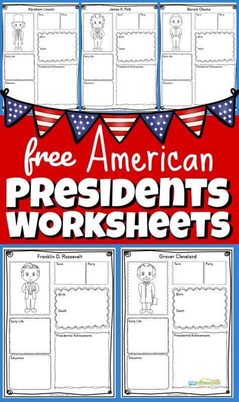 These free U.S. Presidents Worksheets are a great way for children to practice and improve their knowledge of the Presidents of the United States as well as work on their research and handwriting skills. This history for kids activity is perfect for kindergarten, first grade, 2nd grade, 3rd grade, 4th grade, 5th grade, and 6th grade kids learning about American history, preparing for Presidential Elections for kids, or celebrating Presidents Day.