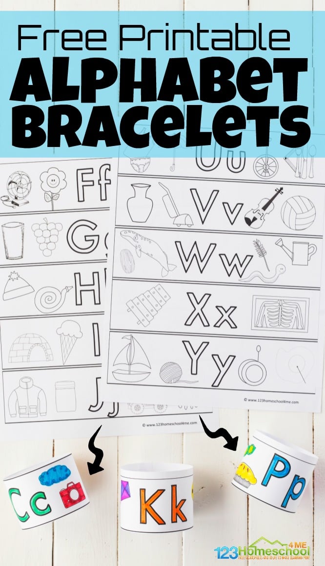 If your children are working on learning their alphabet letters, they are going to love these super cute, free printable, Printable Alphabet Bracelets. This alphabet printable is a handy resource for toddler, preschool, pre k, and kindergarten students learning their ABCs. Simply print template, color the pictures with the featured beginning letter, and listen for the same beginning sound. This ABC printable is a great resource for a letter of the week program!