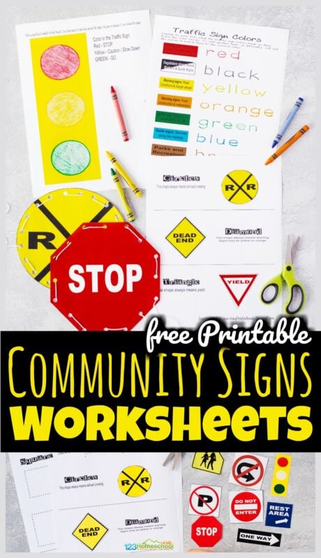 These Free Printable Community Signs Worksheets are a fun, hands on way for students to familiarize themselves with safety signs and their meanings.  This practical, educational activity helps toddler, preschool, pre k, kindergarten, and first graders know what signs mean so they stay safe in their community. 